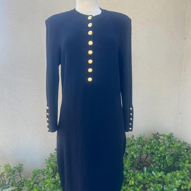 Vintage St John Collection Marie Gray black knit dress sheath style gold button front cuffs Sz 12 