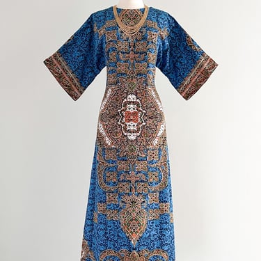 Amazing 1970's Turquoise & Coral Batik Kaftan Dress / Sz M