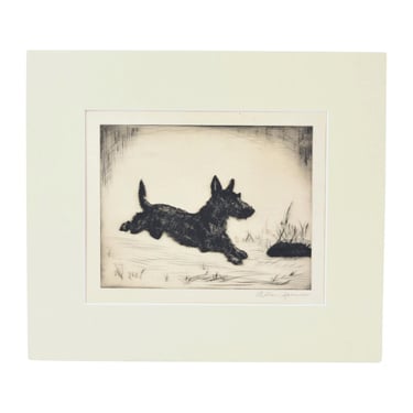 Vintage 1930’s Etching of Scotty Dog Leaping Signed Allan Spencer 