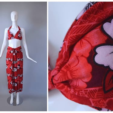 Vintage Y2K INGEAR Red Hibiscus Hawaiian Floral Print Womens 2 Piece Set Tropical Wrap Pants And Halter Bra Top | special detail dress 