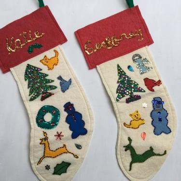 Vintage Felt Christmas Stockings, Katie Or Geoffrey, Your Choice, Hand Sewn Felt And Sequins 