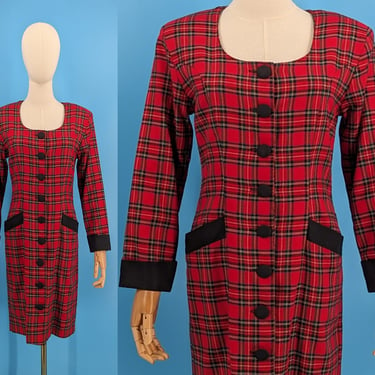 Vintage 90s Express XS Red Plaid Long Sleeve Button Front Sheath Dress - Nineties XS Plaid Dress 