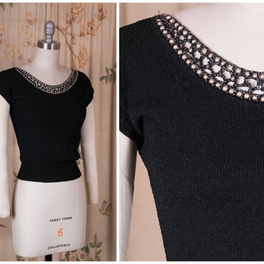 1950s Sweater - Bombshell 50s Black Rayon Knit Sweater with Black and Silver Braid Trim, Faux Pearls and Rhinestones by Tobi of California 