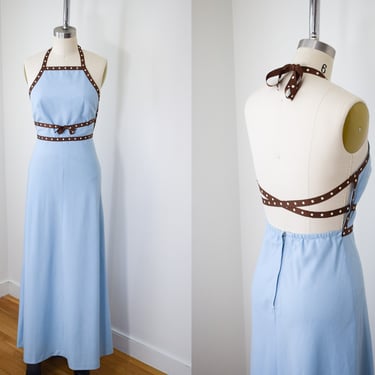 Vintage 1990s Backless Maxi Dress by NR1 | S | 90s Blue Floor Length Gown with Halter Neck and Open Back 