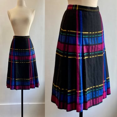Vintage 70s PLAID Skirt / KNIFE PLEAT + Drop Waist / Black + Rainbow Stripes / Karen Kane 