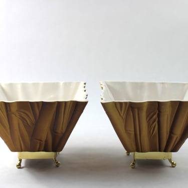 1950s Miramar of California Pottery Bamboo Planter with Metal Stand Set MCM 