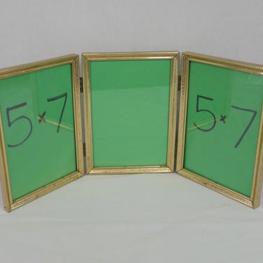 Vintage Tri-Fold Hinged Picture Frame - Triple Gold Tone Metal Frame w/ Glass - Holds Three 5