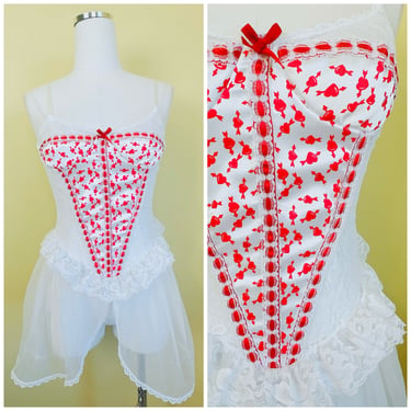 1990s Vintage Acetate and Nylon Heart Print Teddy / 90s Red and White Lace Ruffled Peplum Top / Small 