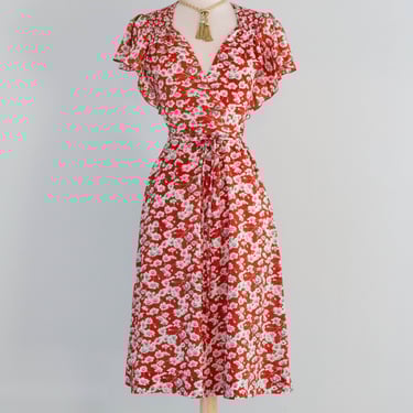 Romantic 1970's Flutter Sleeve Floral Wrap Style Day Dress / SM