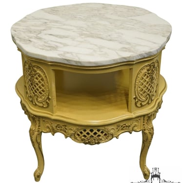 HIGH END Vintage Antique Louis XVI French Provincial Cream Carved 27" Round Accent End Table w. White Granite Top 