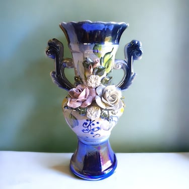 Lusterware Porcelain Vase Detailed Iridescent Ceramic Glaze Vase Hand Painted Lusterware Vase with Floral Motif Hand Painted Metallic Vase 