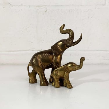 Brass Elephant Figurine Mom & Baby Vintage Small Family Figurine Collection Mid-Century Hollywood Regency Figure Trunk Up Good Luck 