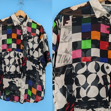 Vintage 90s Express Semi-Sheer Graphic Button Down Short Sleeve Top - Large 