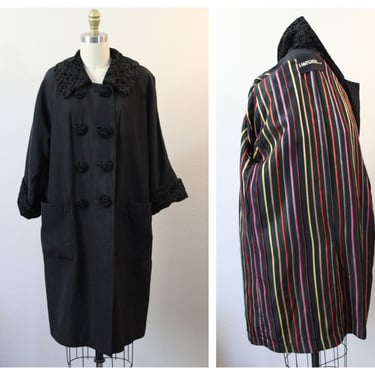 Vintage 1940s I Magnin Black gabardine Embroidered Velvet Maxan Rainbow Striped Lining Raglan Sleeve Coat  // Modern Size US 8 10 12 Med Lg 