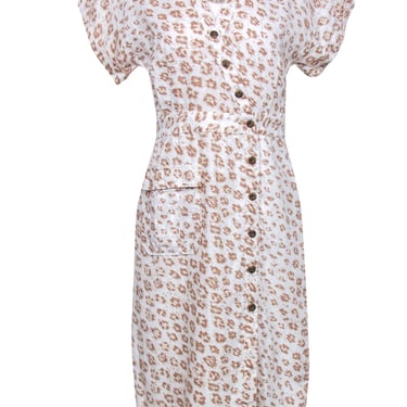 Joie - White &amp; Beige Leopard Print Button-Up Linen Midi Dress Sz XS