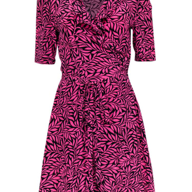 Diane von Furstenberg - Pink & Black Leaf Print Silk Wrap Dress Sz 10