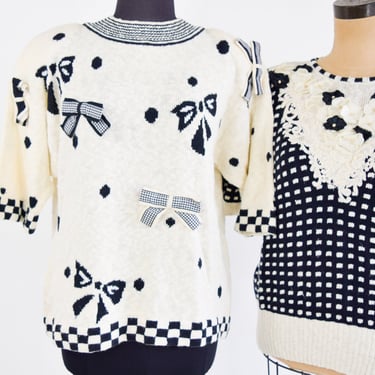 1980s Black & White Bow Sweater | 80s Creme Black Bow Sweater l Mariea Kim l Medium 