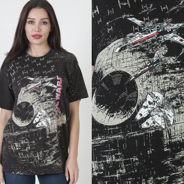 1991 Star Wars All Over Print T Shirt, Vintage 90s Double Sided Movie Tee, Fruit Of The Loom Black Top - Medium M 