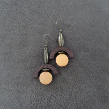 Carved wooden earrings, earth toned geometric earrings 