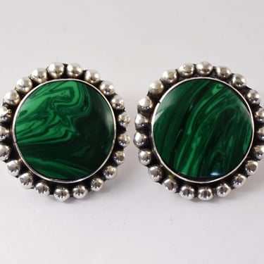 60's sterling malachite Southwestern clip on earrings, big simple green stone beaded 925 silver tribal button statements 