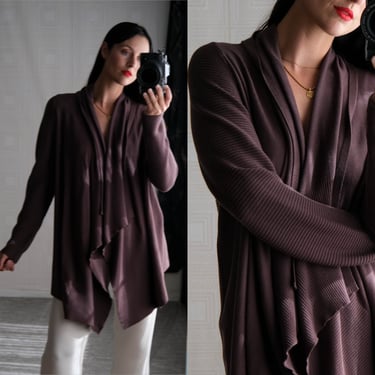 SALVATORE FERRAGAMO Dusty Aubergine Ribbed Knit Open Front Longline Wrap Cardigan | Made in Italy | 100% Wool | Y2K Italian Designer Sweater 