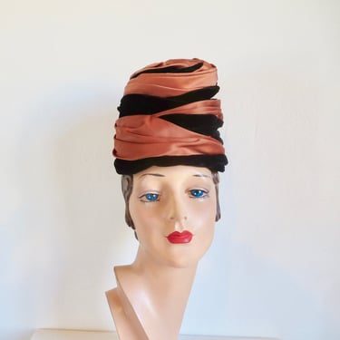 1960's Copper Satin and Black Velvet Striped Tall Turban Hat Evening Cocktail Party 60's Millinery Fall Winter Miss Margo 