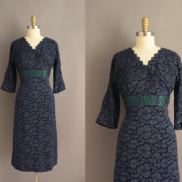 1950s dress | Gorgeous Navy Blue Cocktail Party Lace Wiggle Dress | Large | 50s vintage dress 