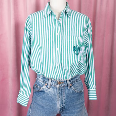 Vintage 80s Rafaella Green and White Striped Cotton Button Down Shirt with Pocket Crest 