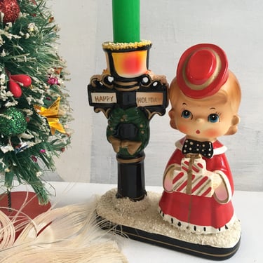 Vintage Blume Kitschy Girl Caroler With Lamp Post Candle Holder, Christmas Candle Holder, Happy Holidays 