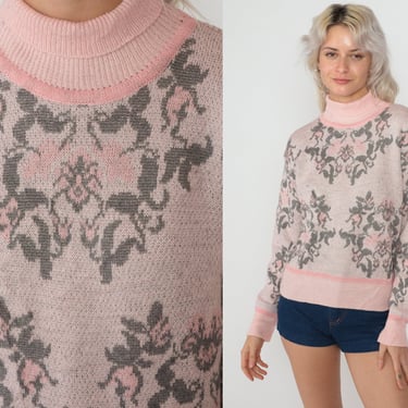 Baby Pink Floral Sweater 90s Wool Blend Knit Pullover Mockneck Sweater Abstract Flower Print Crewneck Pastel Boho Vintage 1990s Small S 