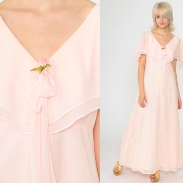 70s Chiffon Party Dress Baby Pink Capelet Grecian Maxi Dress Evening Party Dress 1970s Boho Empire Waist Gown Formal V Neck Dress Small 6 