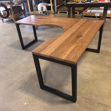 Farmhouse Office Desk in L Shape with cut out - Made with Reclaimed Wood - Solid Wood and Steel Office Desk L Shape - L Shaped Desk Wood 