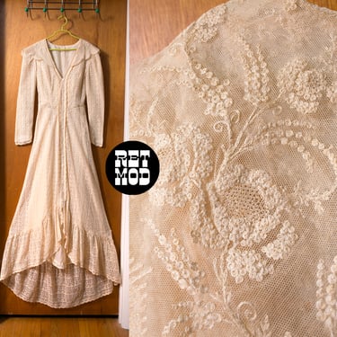 JUNIOR SIZE - Absolutely STUNNING Vintage Cream-Colored Embroidered Boho Gown Dress 