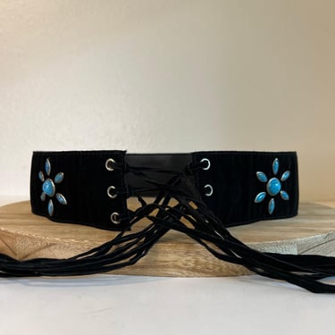 Y2K Black Vegan Suede Leather Turquoise Flower Stone Tassel Belt Size Large 