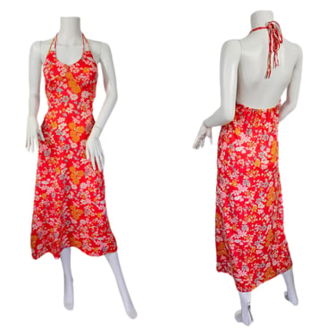 1970's Orange Red Nylon Floral Print Halter Dress I Sz Sm 