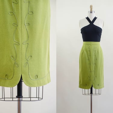 lime green wool skirt | 80s 90s vintage acid green soutache embroidered short wool mini skirt 