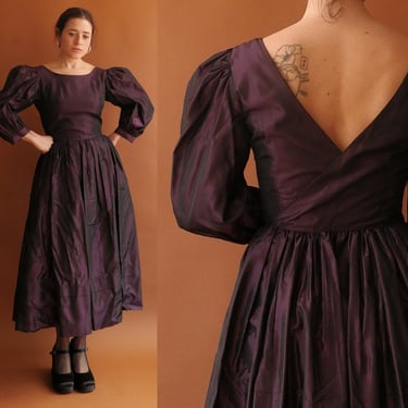 Vintage 80s Laura Ashley Eggplant Taffeta Puff Sleeve Gown/ 1980s Dress/ Size Medium 27 