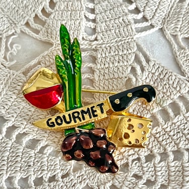 Gourmet Brooch, Ultimate Foodie Jewelry, Enamel Pin, Kitsch,  Signed Ren 