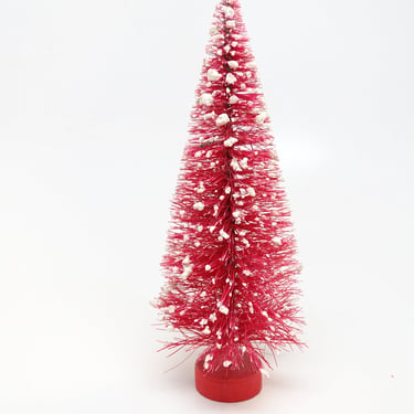 Vintage 1950's 6 Inch Red Sisal Bottle Brush Christmas Tree with Snow Flocking, Antique Decor 