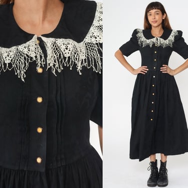 Black Cotton Dress 90s Midi Length Lace Collar Puff Sleeve Fitted Waist Button-Up Vintage  Day Dress Goth Retro Mid-Calf Small 