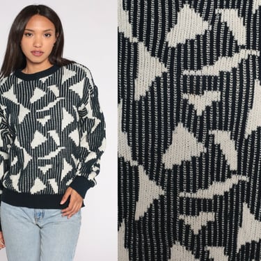 Geometric Sweater 80s 90s White Black Knit Pullover Crewneck Sweater Jacquard Slouchy Acrylic Retro Knitwear Vintage 1990s Extra Large xl 