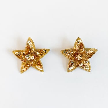 80s Large Gold Star Sequined Beaded Leather Earrings 