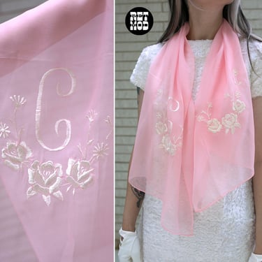 Pretty Vintage 50s 60s Pastel Pink Sheer Long Scarf with C Monogram & Floral Embroidery 