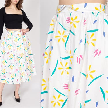 Small 80s White Whimsical Floral Midi Skirt | Retro Vintage Colorful A Line High Waisted Foldover Skirt 