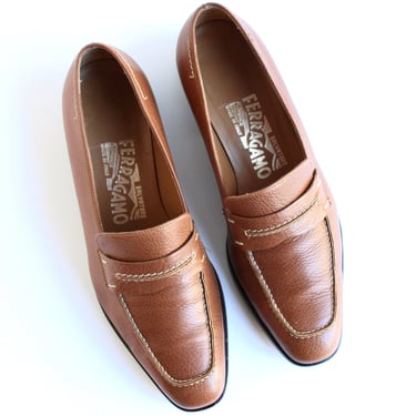 1970s Salvatore Ferragamo Women's Slip On Tawny Leather Loafers - Vintage Low Heel Shoes Women's Size 7 
