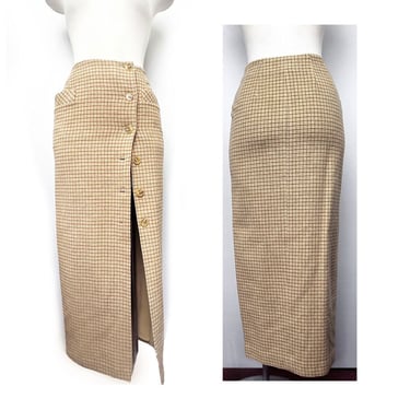 DKNY Cashmere & Wool Pencil Skirt 1980's Vintage Midi Tan beige Plaid Button Down Womens Straight Long Skirt Size 2 Small 