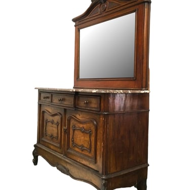 Vintage Solid Oak Dressing Vanity Table with Mirror, Marble Top. 