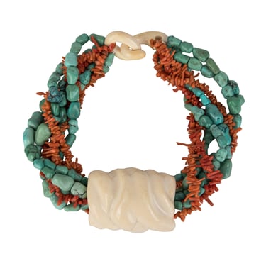 Patricia Von Musulin Vintage Carved Ivory Turquoise Coral Mulistrand Statement Necklace