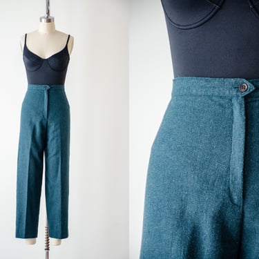 high waisted pants | 70s 80s vintage teal green blue dark academia style pleated straight leg ankle trousers 