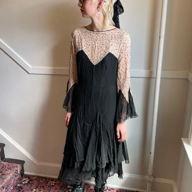 1920s Black Silk Chiffon Drop Waist Dress with Embroidered Confetti Print Top size Small 